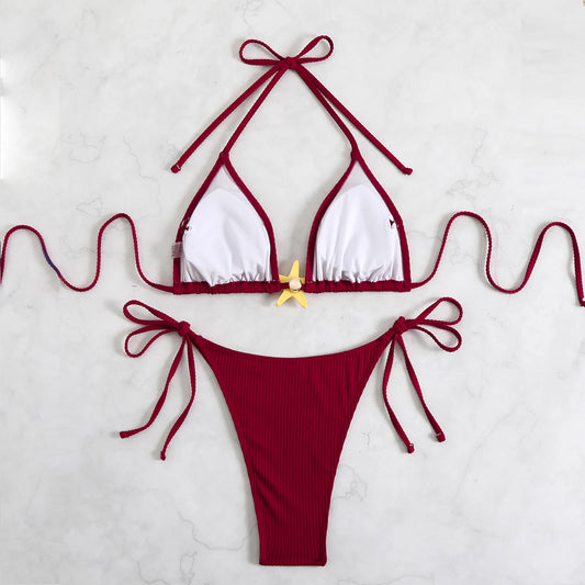 Yiiciovy New Women Push Up Swimwear 2 Piece Bikini Set Starfish Sexy Halter Bandage Beachwear Bathing Suits for Beach Pool