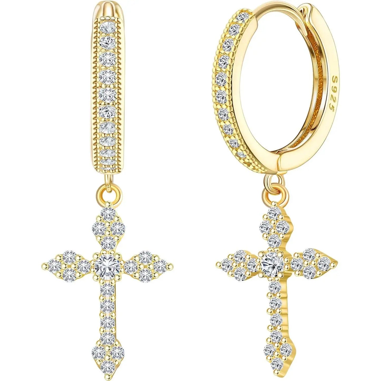 Fansilver 925スターリングシルバー クロスイヤリング レディース メンズ 華奢なCZハギーフープイヤリング アイスアウトクロスダングルイヤリング ボックス付き