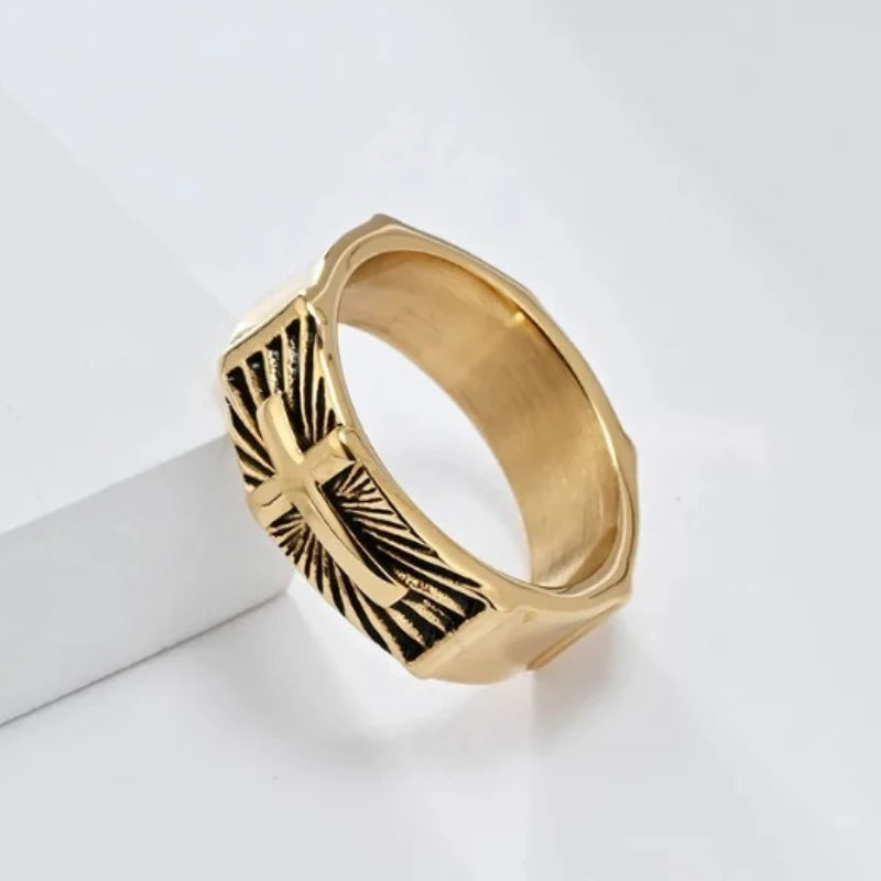 ヴィンテージ ホーリーライト クロスリング メンズ ステンレススチール タリスマンリング 宗教的信仰ジュエリー イースター ハロウィン 感謝祭ギフト