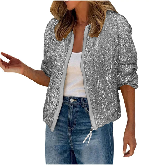 Women Elegant All Zipper Suit Jacket Coat Casual Autumn Spring Glitter Sequins Long Sleeve Stylish Commute Short Cardigan Jacket