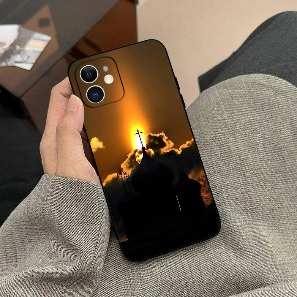 正教会の十字架アイコン教会電話ケース ブラック iPhone 17/16/15/13/14 Pro Max/ 11Plus/X/Xr/Xs Max 13mini用