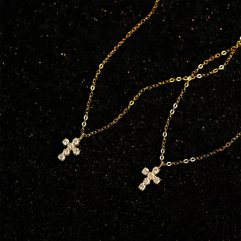 925 Sterling Silver Electroplated Real Gold Inlaid Zircon Cross Pendant Necklace for Women Fashionable Temperament Jewelry Gifts