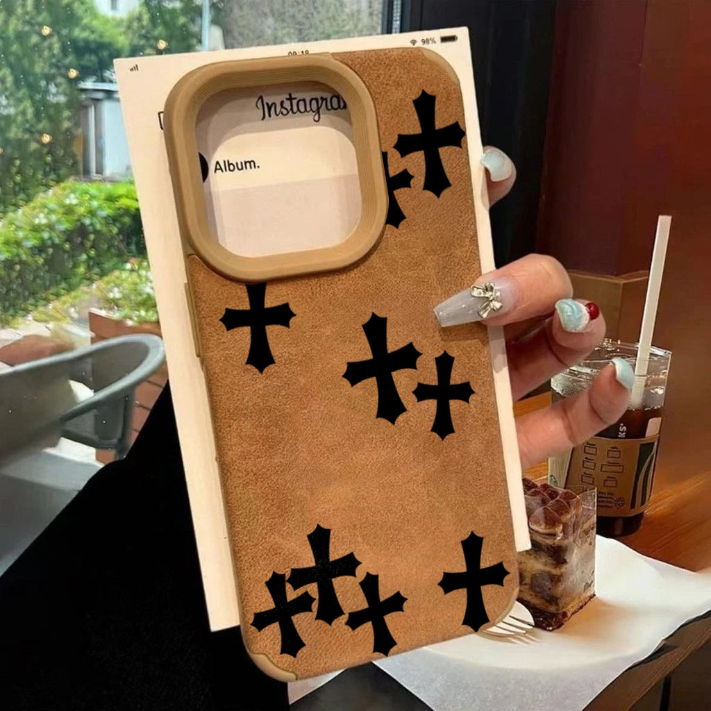 ブラッククロスノーブルイミテーションフェイクレザー携帯ケース iPhone 17 16 15 14 13 12 11 Pro Max XS XR 16 Plus 17Air 耐衝撃カバー