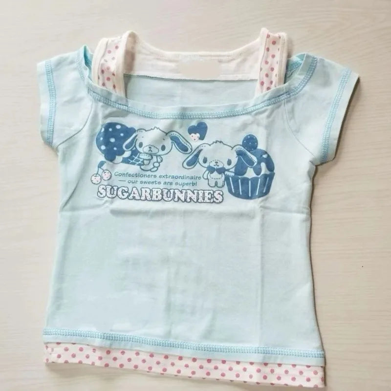 Y2K カジュアルウェア 夏 かわいい フェイクツーTシャツ 日本のサブカルチャー 漫画プリントTシャツ レディース スイートキュート 原宿系 クロップトップス