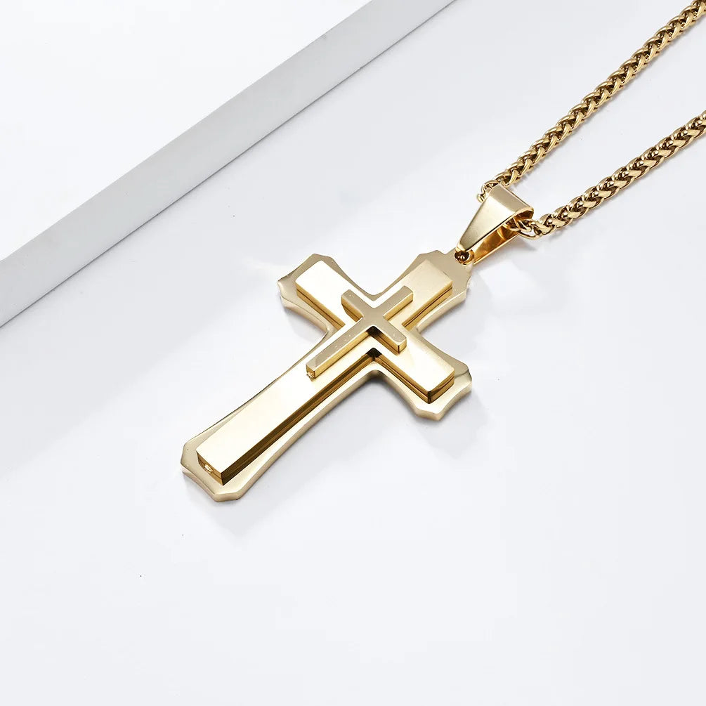 メンズ向け、トレンドの3層クロスペンダントネックレス