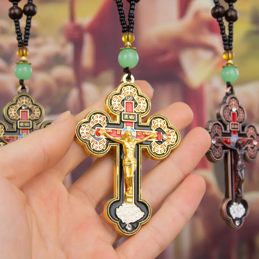 カトリックのロザリオネックレス、イエスの十字架、宗教的な十字架ペンダントチェーンジュエリー、男女兼用、キリスト教の信仰の贈り物