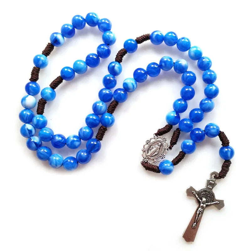 Strand Woven Rosary Necklace For Men Women Cross Pendant Acrylic Beads Religious Jewelry