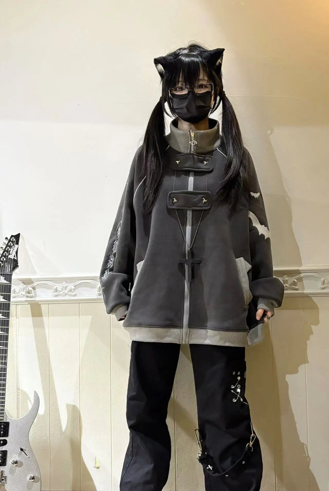 ファッションベルベットスタンドカラーサブカルチャー猫耳フード付きスウェットシャツジャケットオリジナルゴシック長袖ゆったり暖かいエレガントコート