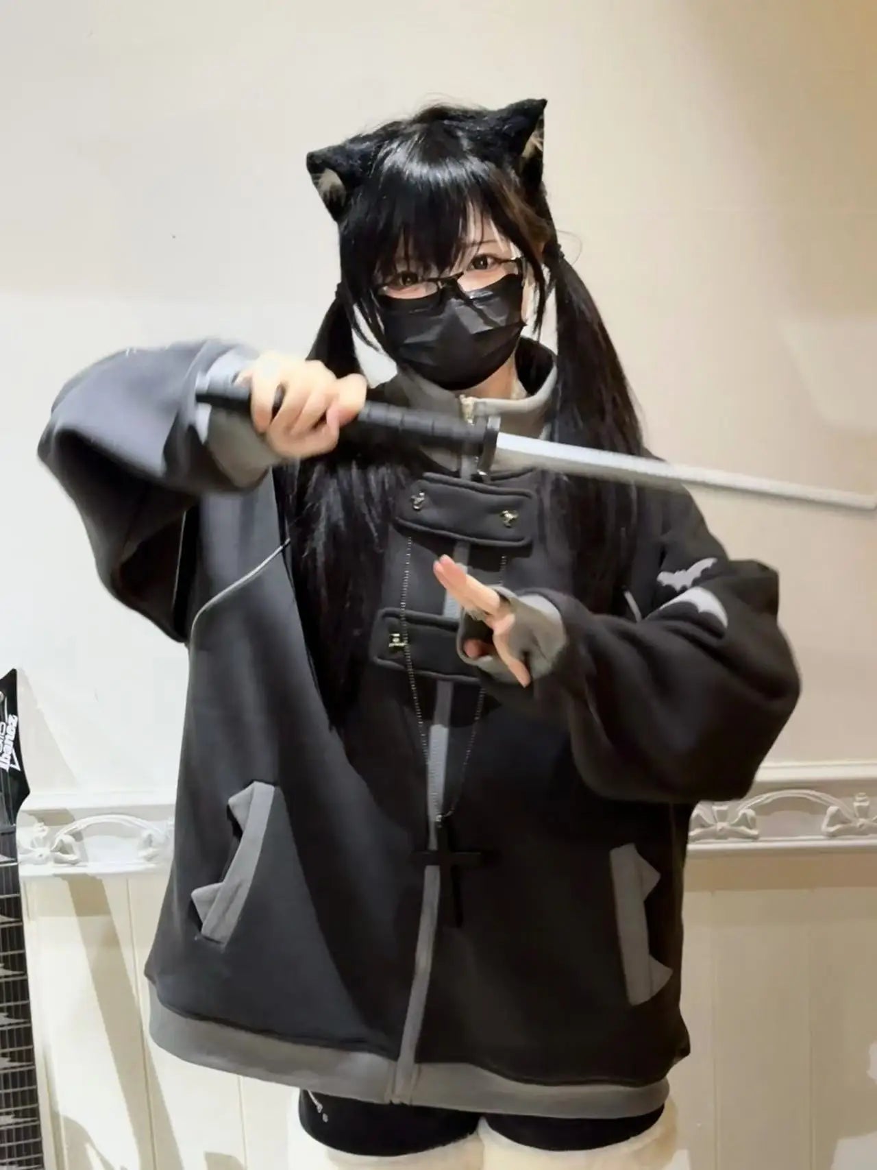 ファッションベルベットスタンドカラーサブカルチャー猫耳フード付きスウェットシャツジャケットオリジナルゴシック長袖ゆったり暖かいエレガントコート