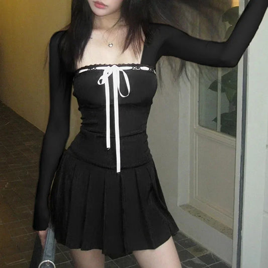 Y2K Black Square Collar Long Sleeve Dress Women Elegant Lace-up Bow A-line Mini Dress Korean Short Dresses Aesthetic Clothes 원피스