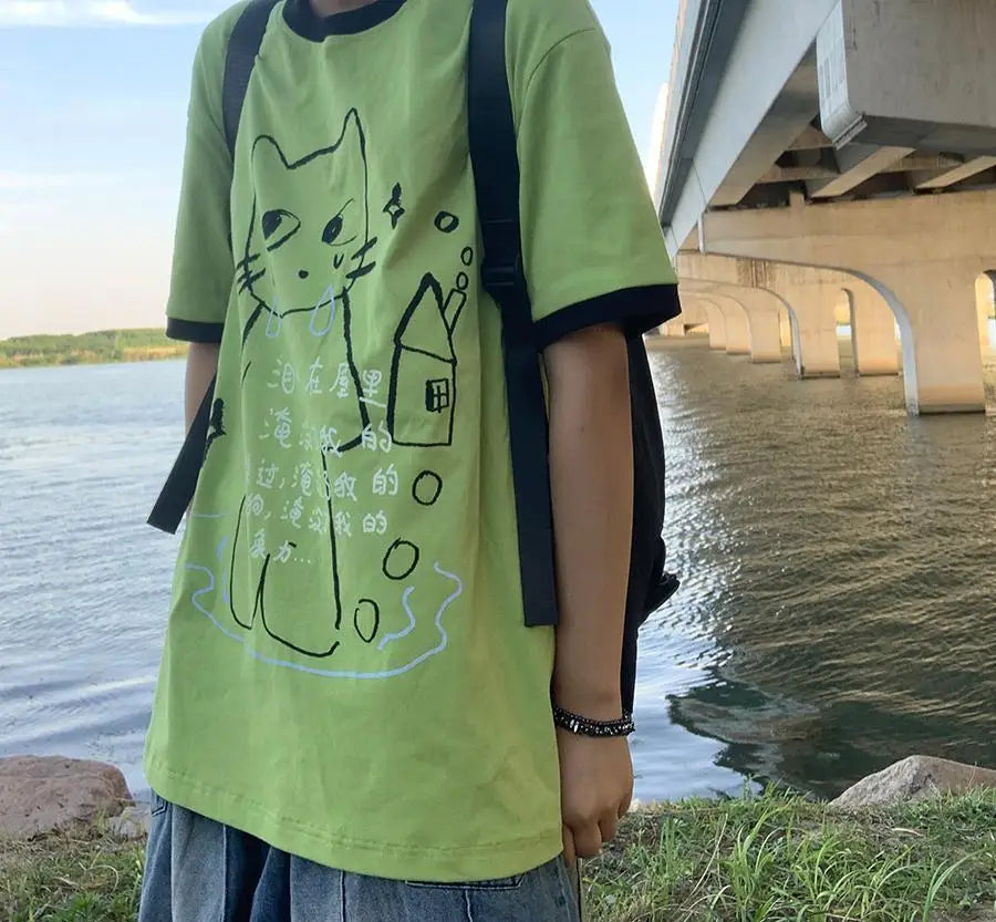 日本のサブカルチャー かわいい猫プリント 半袖Tシャツ レディース 夏 ヴィンテージ グリーン カジュアル ゆったり スウィートガール Y2K トップス