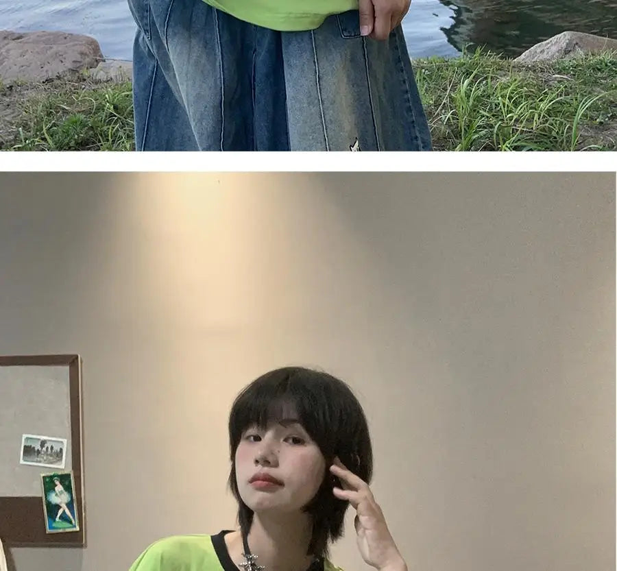 日本のサブカルチャー かわいい猫プリント 半袖Tシャツ レディース 夏 ヴィンテージ グリーン カジュアル ゆったり スウィートガール Y2K トップス