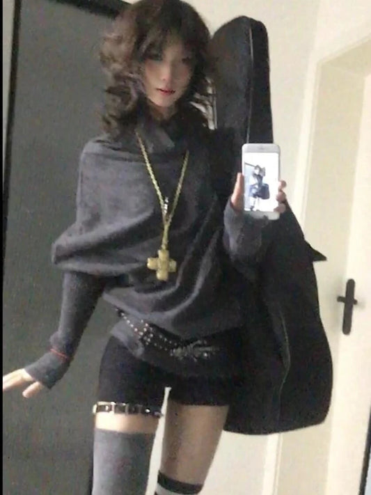 2000年代の韓国ファッション、スリムバットウィングスリーブ、秋セーター、Y2K、純色、サブカルチャー、カジュアル、長袖、プルオーバー、セーター、シック