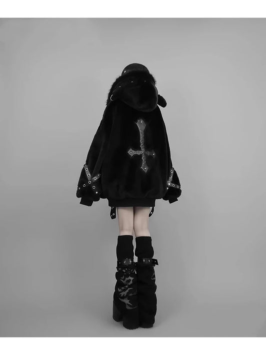 マウロイカルディ 秋冬 オーバーサイズ 暖かい ソフト ホワイト フェイクファーコート レディース フード付き 原宿系 ファッション ふわふわ ジャケット ストリートウェア 2025