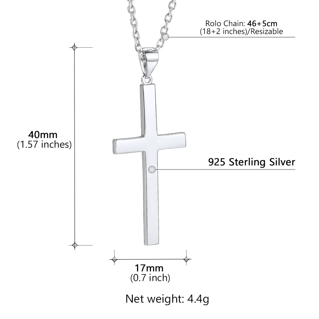 U7 925 Sterling Silver Cross Necklace 4.4g Shiny Cross Pendant Rolo Chain Minimalist Religious Christian Unisex Jewelry Gift