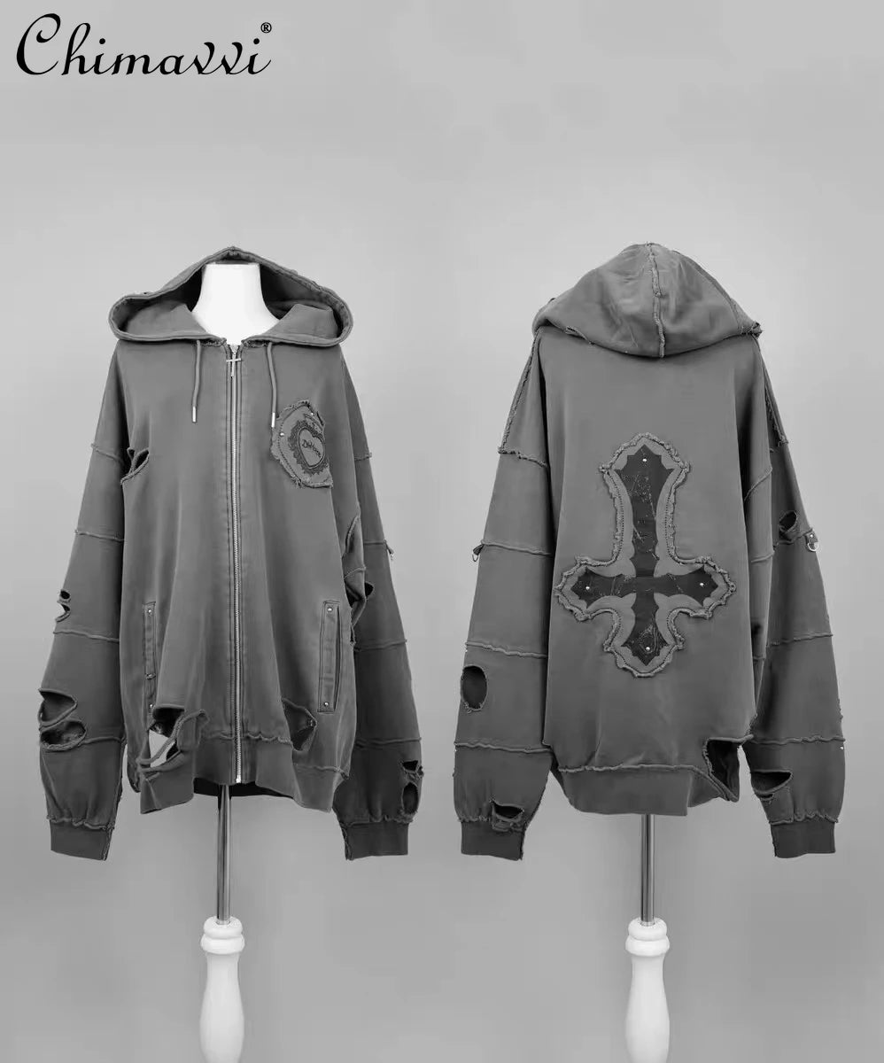 日本製 マインクロス リップド レトロ サブカルチャー フード付き スウェットシャツ カーディガン ジャケット レディース ゴス パンク ジッパー パーカー コート アウター