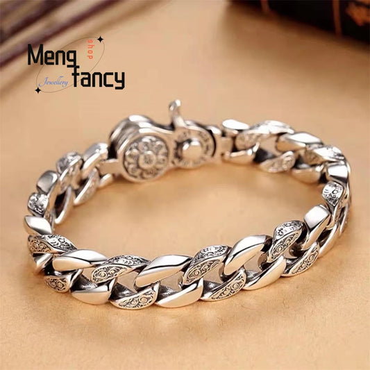 シルバーブレスレット メンズ 6文字マントラ 回転式 トレンディ ワイドバージョン 男性用 パワフル 個性的 豪華 レトロ エレガント