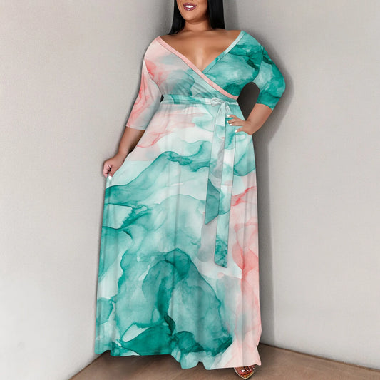 Women's Plus Size Maxi Dress Print 3/4 Sleeves V Neck Party Sundress Wedding Guest Dresses