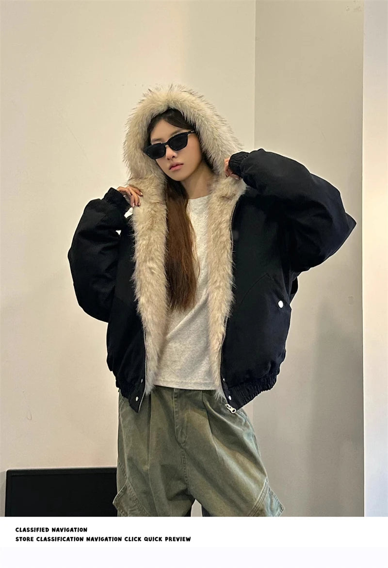ZAROY レディース&amp;メンズ 冬用ジャケット Y2K ストリートウェア ファーカラー フード付き カジュアル ルーズコート 暖かい 原宿系 パーカー ゴシック パーカー куртк