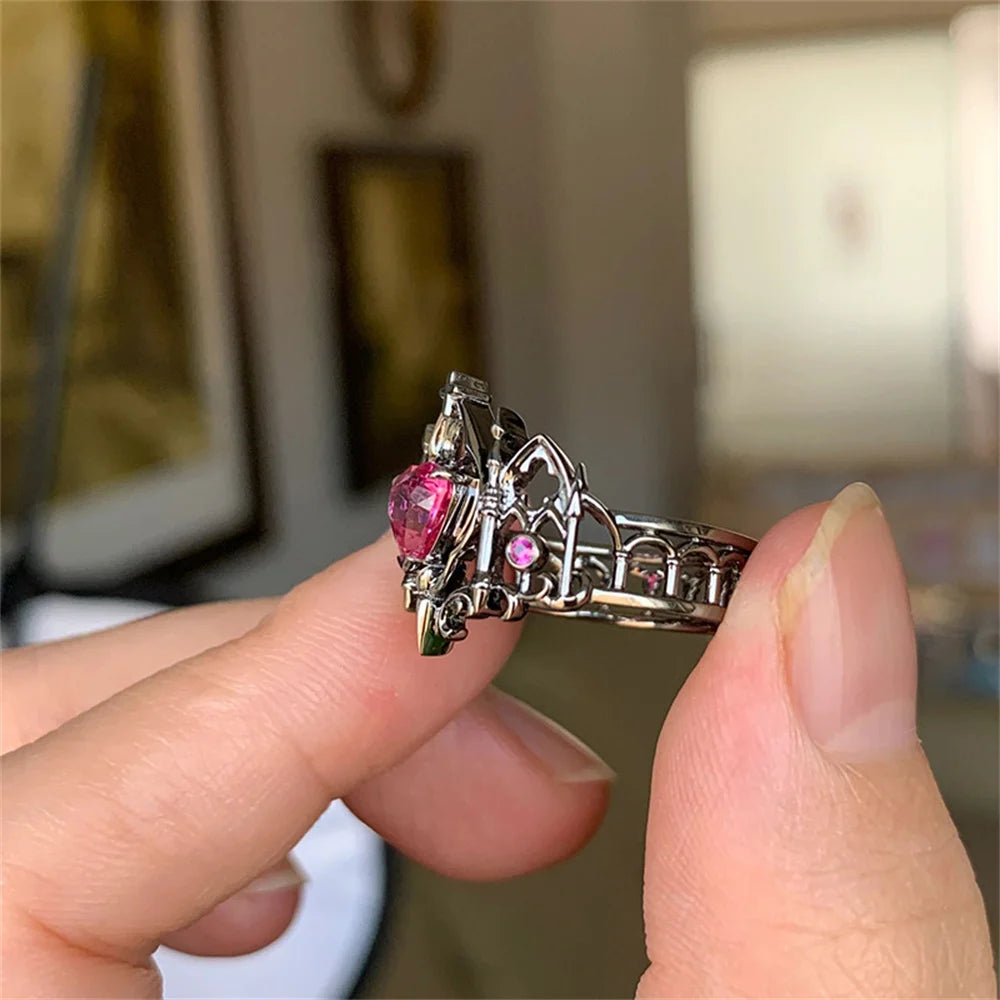 ゴシッククロスクラウンラブハートリングレディースメンズヴィンテージイレギュラー調節可能なオープニングリングハロウィンパーティージュエリーアクセサリー