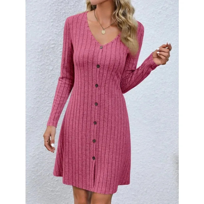 Women's Spring and Autumn Knee Length Skirt Fashion V-neck Waist Long Sleeve Dress