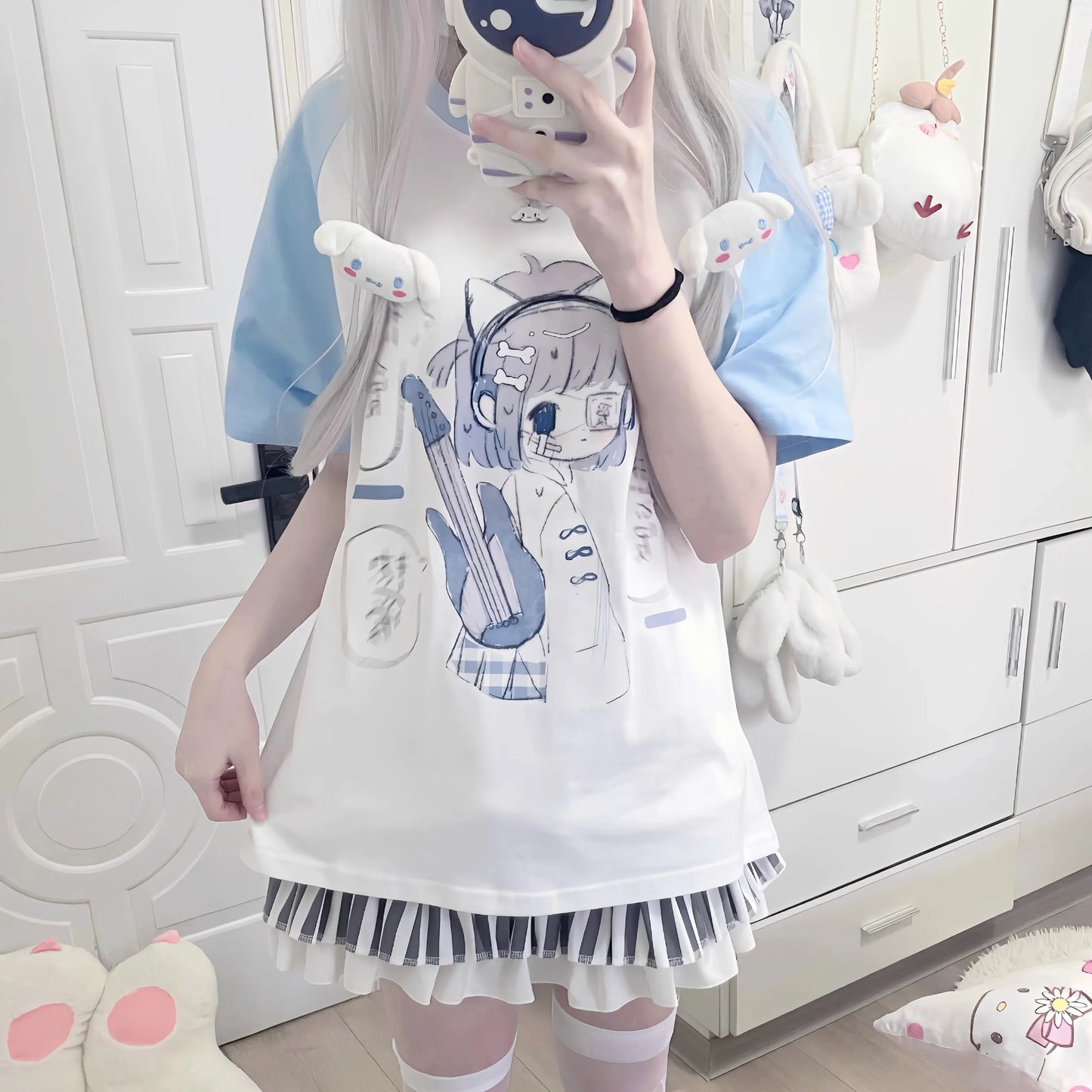 Girls Tees Popular Japanese Harajuku Cute Summer 2024 New Bule Subculture Short-sleeved T-shirt Pulovers Women Short Tops