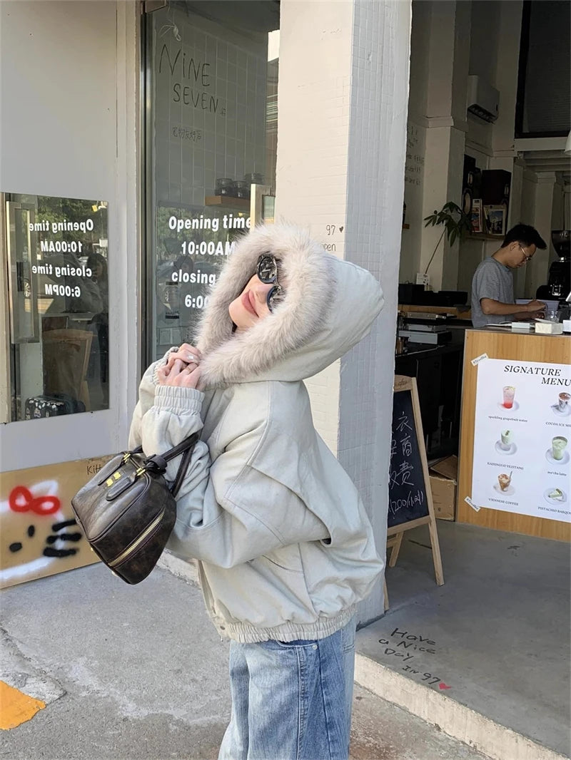 ZAROY レディース&amp;メンズ 冬用ジャケット Y2K ストリートウェア ファーカラー フード付き カジュアル ルーズコート 暖かい 原宿系 パーカー ゴシック パーカー куртк