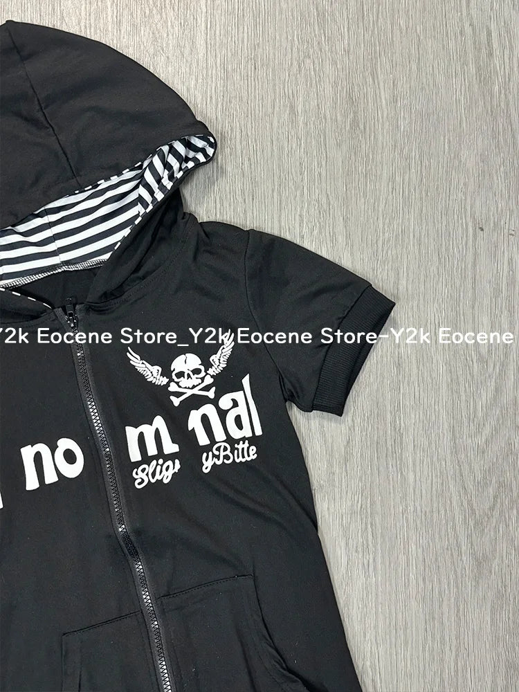 Y2K サブカルチャー スカルプリント ジップカーディガン 半袖 レディース 日本製 スリムフィット ストライプ パーカー カジュアル トップス ファッション ストリートウェア