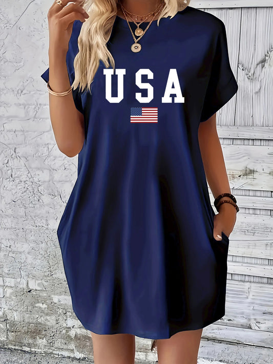 Women's summer loose classic USA flag print round neck short sleeved pocket comfortable casual dress