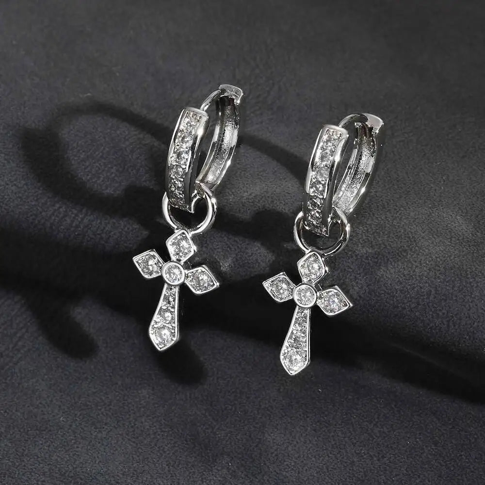 Vnox クロスペンダントフープイヤリング メンズ ボーイズ 27.6mm シルバーカラー 銅ジルコン パンクジュエリー ゴシックスタイル 誕生日パーティーギフト