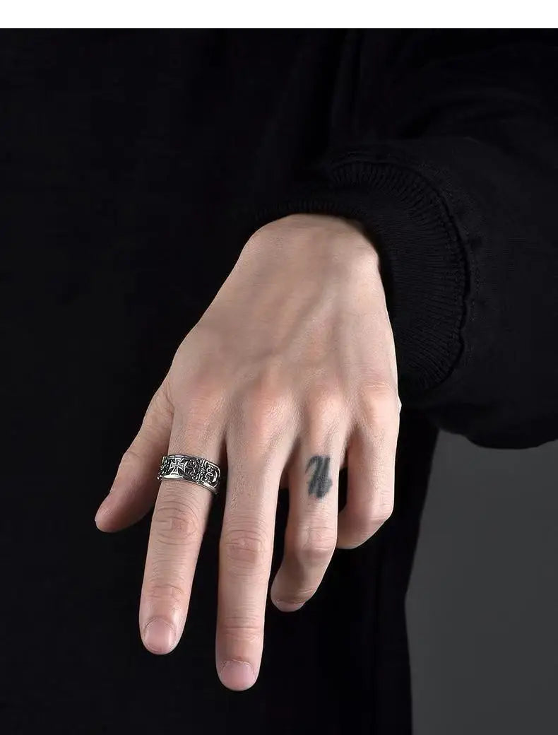 2025 レトロ クロス トレンディ リング メンズ ヒップホップ パンクスタイル 個性的 ハイエンド オープンマウス フードリング ジュエリー 父の日ギフト