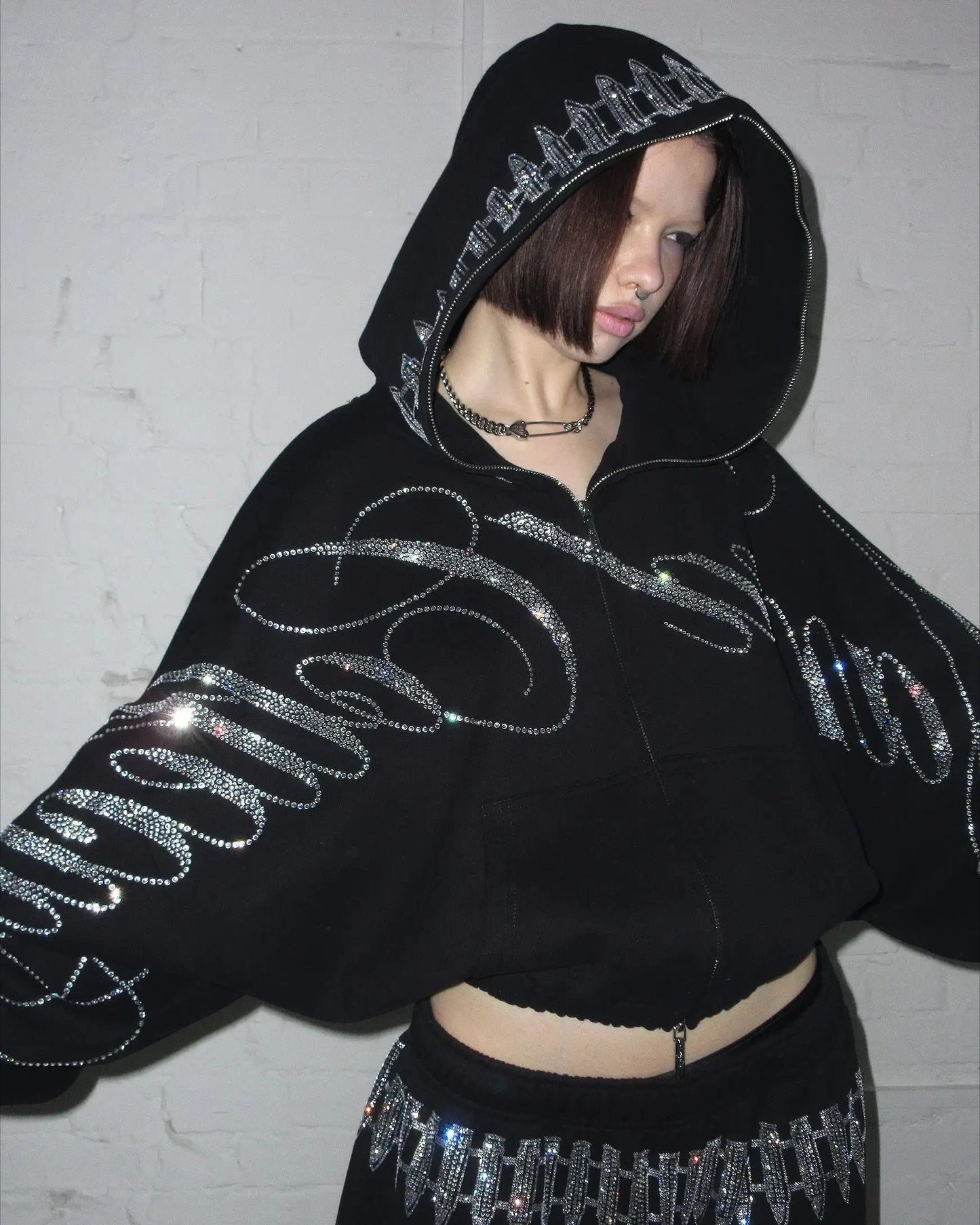 ヴィンテージ 2000年代 クロップド カジュアル ジャケット ヒップホップ レター シャイン ラインストーン オーバーサイズ ジッパー パーカー スウェットシャツ Y2K レディース パーカー