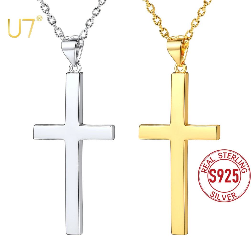 U7 925 Sterling Silver Cross Necklace 4.4g Shiny Cross Pendant Rolo Chain Minimalist Religious Christian Unisex Jewelry Gift