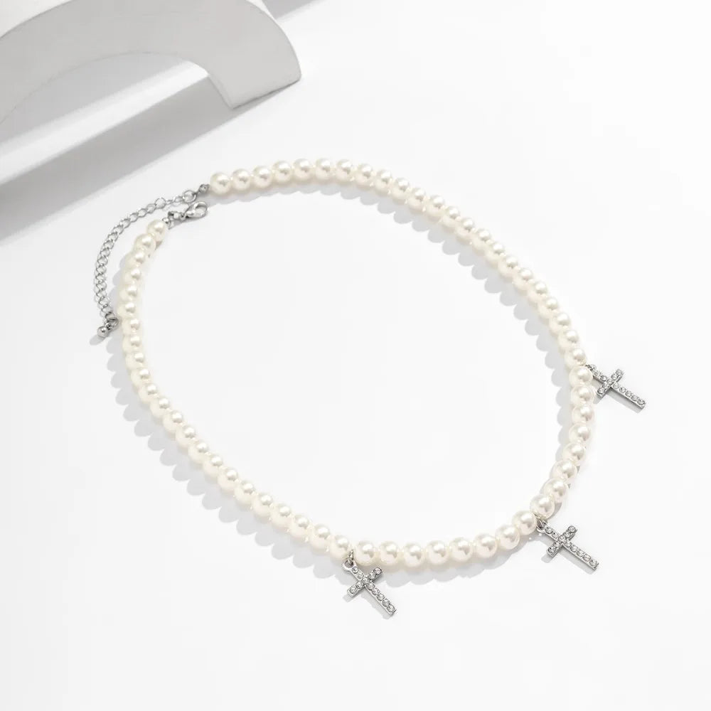 パールビーズチェーンクロスペンダントネックレスメンズトレンドホワイトビーズチョーカーシャイニーラインストーン2023ファッションジュエリー男性