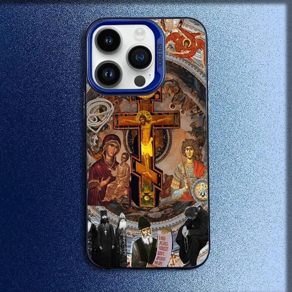 正教会の十字架アイコン教会電話ケース iPhone 16、15、14、13、12、11、Mini、Pro、E、MAX用 ブルーキャンディマット耐衝撃カバー