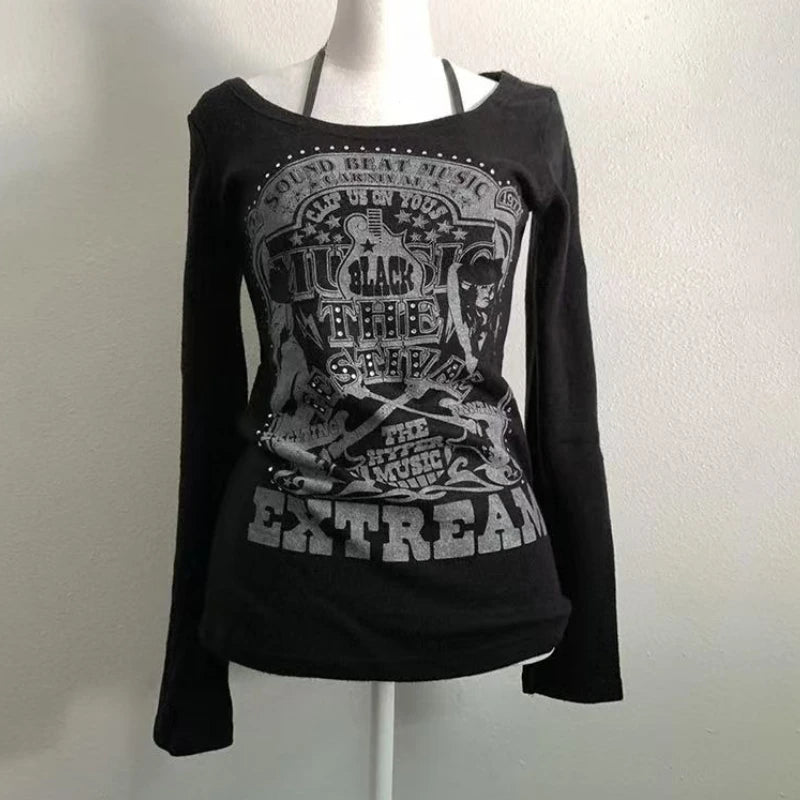 アメリカンレトロTシャツ 長袖 スリムフィット レディース カジュアル 日本のサブカルチャー Y2K ヴィンテージ ゴシックTシャツ 秋 女性用 シック トップス