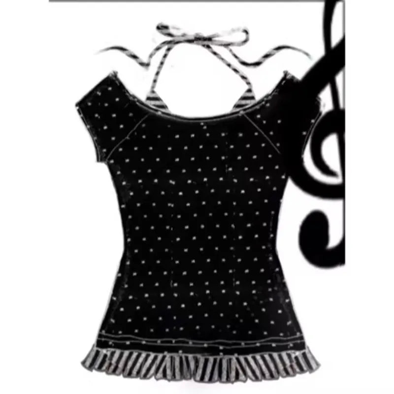 原宿系レディースかわいいフェイクツーTシャツ、日本のレトロサブカルチャー水玉Tシャツ、人気のY2K漫画プリントTシャツ、女性用トップス