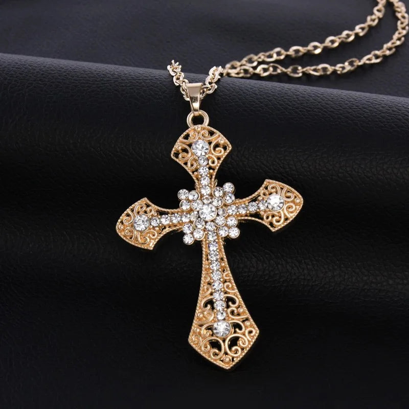 FLOLA ゴールドメッキ クロスペンダントネックレス レディース メンズ ロングチェーン ラインストーンネックレス ペンダント ヒップホップジュエリーギフト nkee32