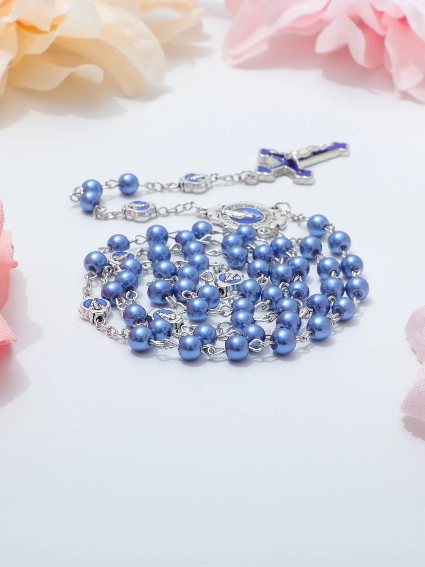 ブルーロザリオネックレス レディース メンズ 祈りビーズ ロングチェーン 宗教的 聖母マリア 十字架ペンダント メンズ パーティー ジュエリー ギフト