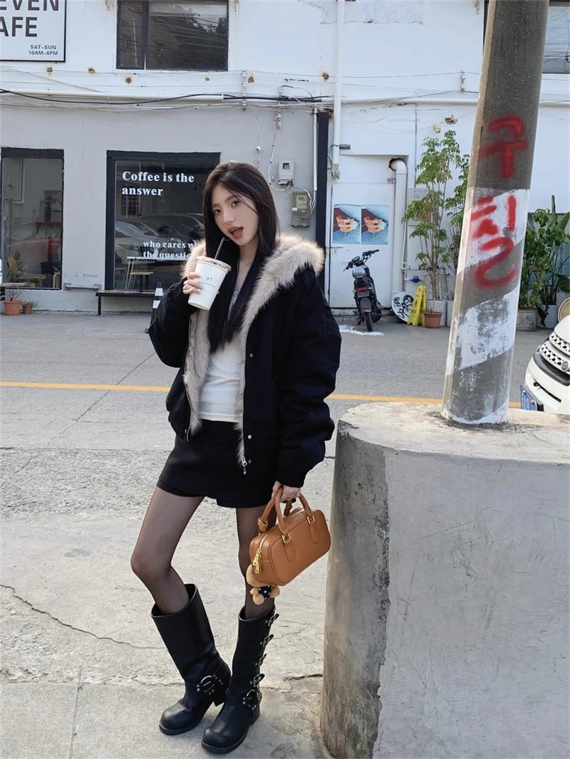 ZAROY レディース&amp;メンズ 冬用ジャケット Y2K ストリートウェア ファーカラー フード付き カジュアル ルーズコート 暖かい 原宿系 パーカー ゴシック パーカー куртк