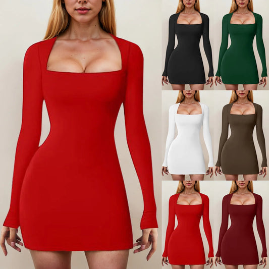 Fashion Autumn Dresses Women New Streetwear Long Sleeves Square Collar Mini Dress Black Sexy Backless Female Casual Slim Dresses