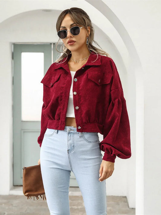 2023 Corduroy Short Jacket Women Loose Tops Spring Autumn Turndown Collar Lantern Sleeve Casual Coat Lady Streetwear Outerwear
