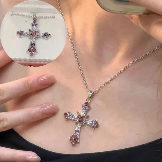 Подвеска クロスネックレス レディース ラインストーンペンダント 鎖骨チェーンチャーム パーティージュエリーギフト パンク ピンク パープル ジルコン ゴシック