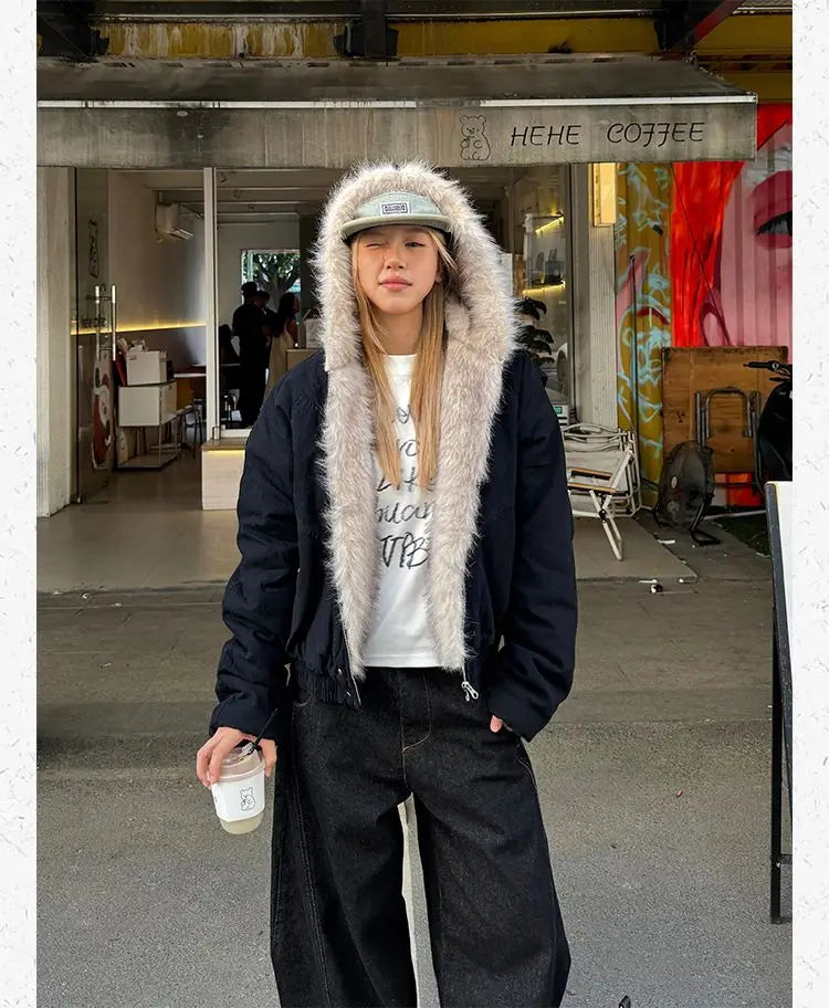 アメリカンレトロファーカラーフード付きジャケット レディース Y2K ストリートウェア 冬物 新作 ベルベット 厚手 暖かい 原宿系 ゆったり カジュアル ジャケット