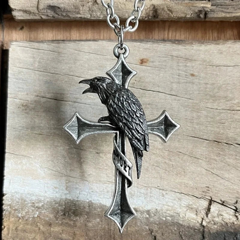 Buyee 925スターリングシルバー男性用ビッグペンダントチェーンユニークパンクゴシッククロスクロウネックレスメンズファッションファインジュエリーチェーン