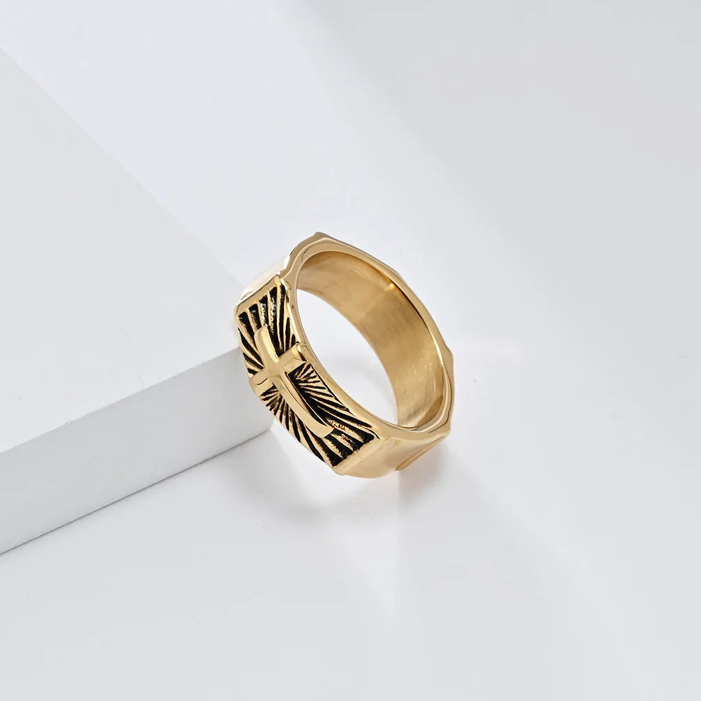 ヴィンテージ ホーリーライト クロスリング メンズ ステンレススチール タリスマンリング 宗教的信仰ジュエリー イースター ハロウィン 感謝祭ギフト