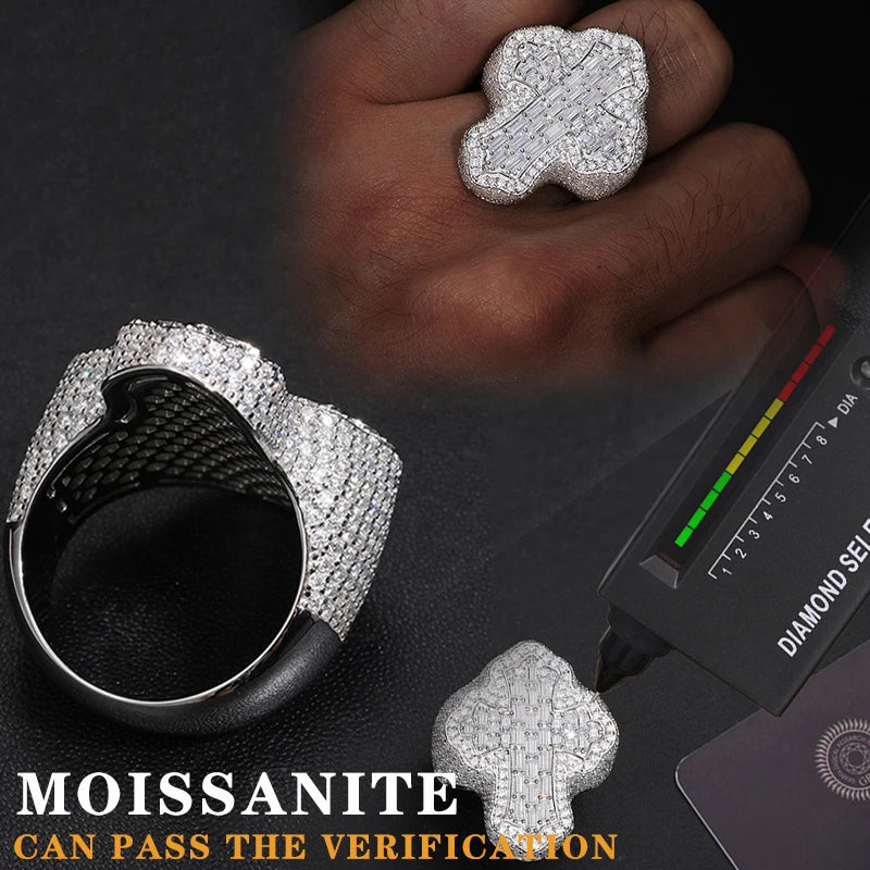 TUHE ユニセックス S925 シルバーリング アイスアウト バゲット VVS1 モアッサナイト クロスリング S925 シルバー メンズ ヒップホップジュエリー メンズアクセサリー