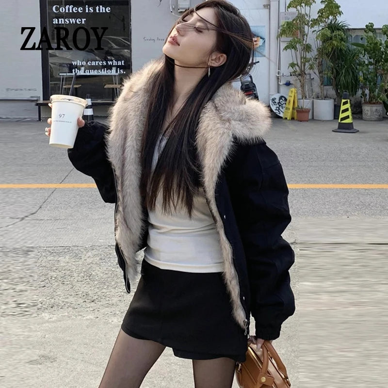 ZAROY レディース&amp;メンズ 冬用ジャケット Y2K ストリートウェア ファーカラー フード付き カジュアル ルーズコート 暖かい 原宿系 パーカー ゴシック パーカー куртк