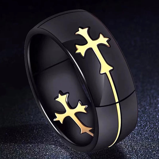 ゴールドシルバーカラークロスリング レディース メンズ ブラック ステンレススチール クールリング 男性 カジュアル チャーム ジュエリー 結婚指輪 分離可能リング