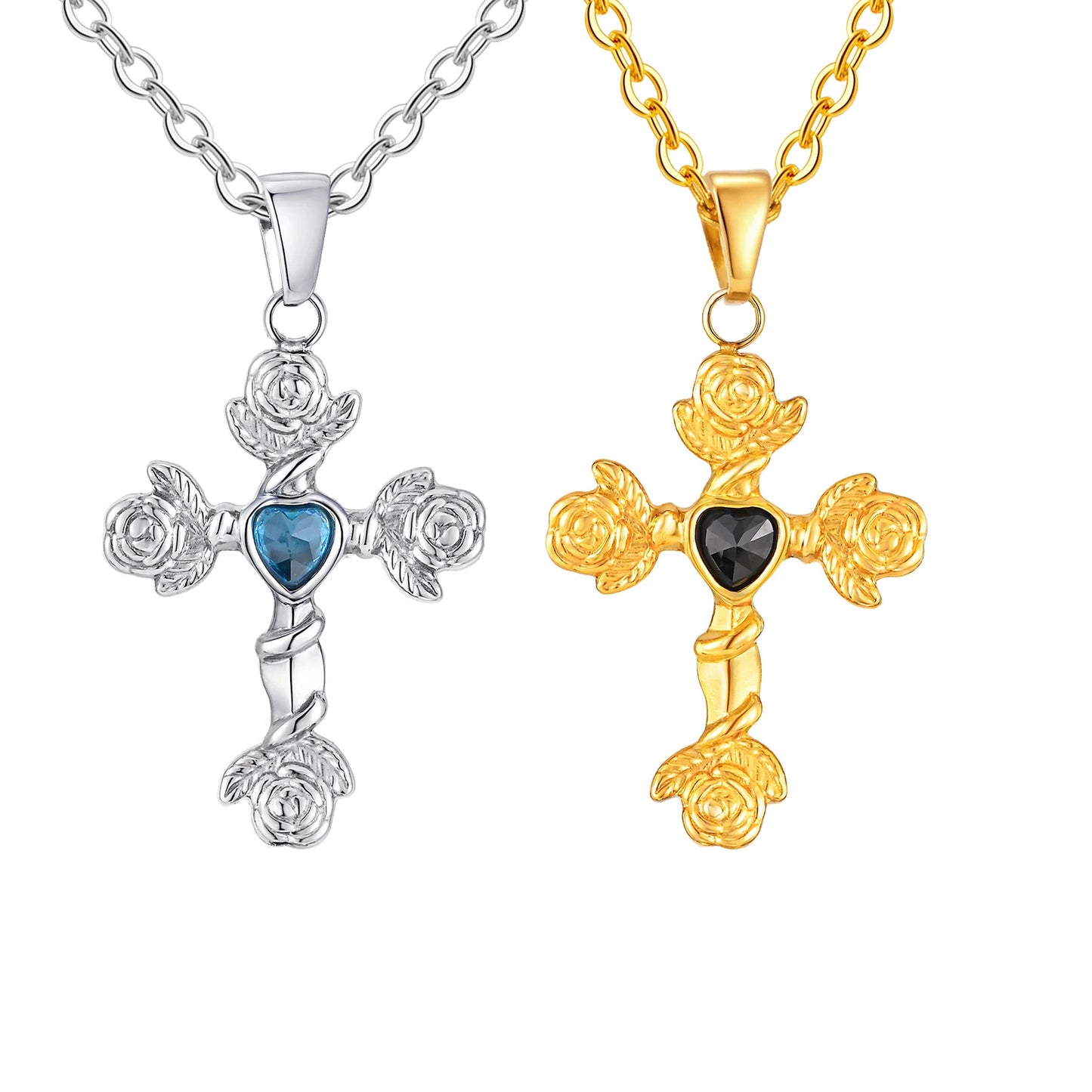  Fashion Heart Zircon Rose Flower Cross Pendant Necklace for Men Women, Gold Plated Stainless Steel Necklace,Aesthetic Jewelry